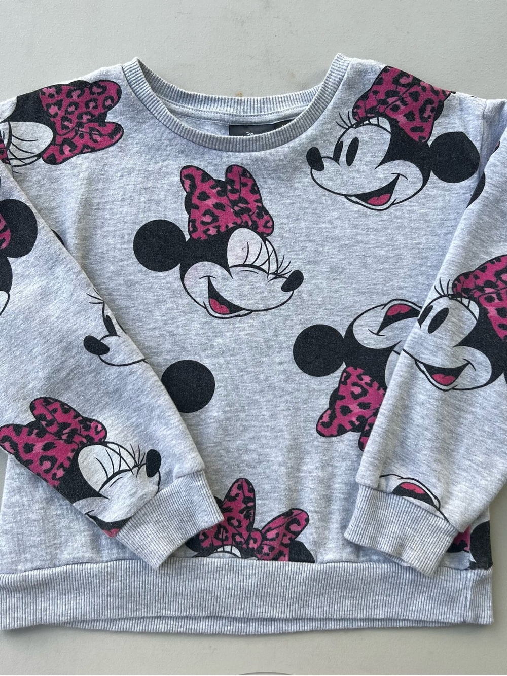 Disney Girls Gray Pullover Sweatshirt with Pink Leopard Minnie Print